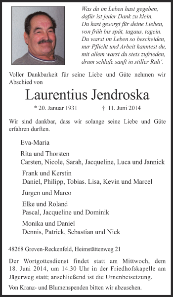 Todesanzeige von Laurentius Jendroska von Münstersche Zeitung und Grevener Zeitung