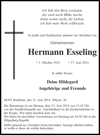 Todesanzeige von Hermann Esseling von Münstersche Zeitung und Münsterland Zeitung