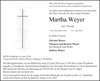 Todesanzeige von Martha Weyer von Münstersche Zeitung und Münsterland Zeitung