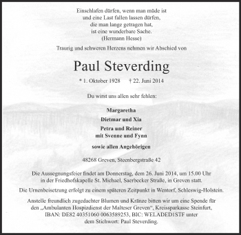Todesanzeige von Paul Steverding von Münstersche Zeitung und Grevener Zeitung