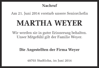Todesanzeige von Martha Weyer von Münstersche Zeitung und Münsterland Zeitung
