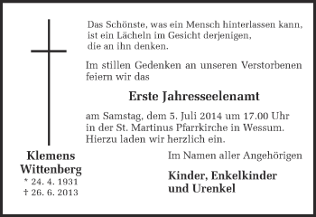 Todesanzeige von Klemens Wittenberg von Münstersche Zeitung und Münsterland Zeitung