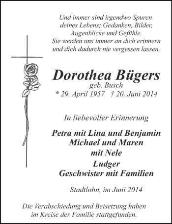 Todesanzeige von Dorothea Bügers von Münstersche Zeitung und Münsterland Zeitung