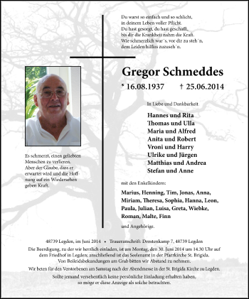 Todesanzeige von Gregor Schmeddes von Münstersche Zeitung und Münsterland Zeitung