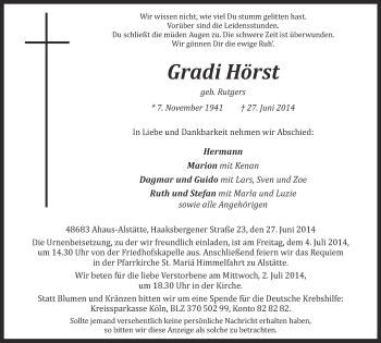 Todesanzeige von Gradli Hörst von Münstersche Zeitung und Münsterland Zeitung