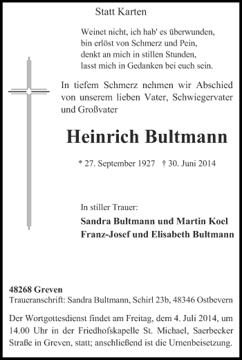 Todesanzeige von Heinrich Bullmann von Münstersche Zeitung und Grevener Zeitung