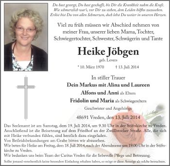 Todesanzeige von Heike Jöbgen von Münstersche Zeitung und Münsterland Zeitung