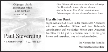 Todesanzeige von Paul Steverding von Münstersche Zeitung und Grevener Zeitung