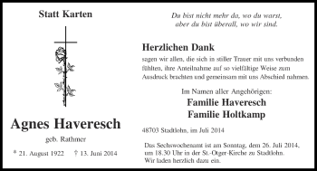 Todesanzeige von Agnes Haveresch von Münstersche Zeitung und Münsterland Zeitung