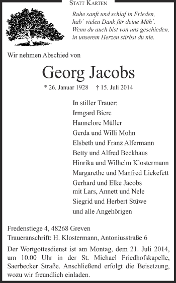 Todesanzeige von Georg Jacobs von Münstersche Zeitung und Grevener Zeitung