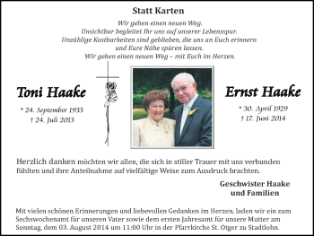 Todesanzeige von Toni und Ernst Haake von Münstersche Zeitung und Münsterland Zeitung