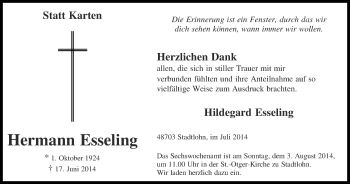 Todesanzeige von Hermann Esseling von Münstersche Zeitung und Münsterland Zeitung