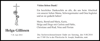 Todesanzeige von Helga Gillissen von Münstersche Zeitung und Münsterland Zeitung