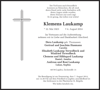 Todesanzeige von Klemens Laukamp von Münstersche Zeitung und Münsterland Zeitung