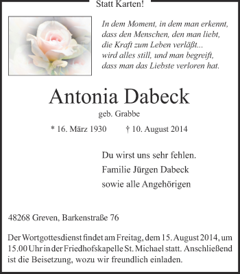 Todesanzeige von Antonia Dabeck von Münstersche Zeitung und Grevener Zeitung