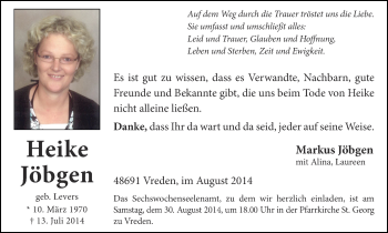 Todesanzeige von Heike Jöbgen von Münstersche Zeitung und Münsterland Zeitung