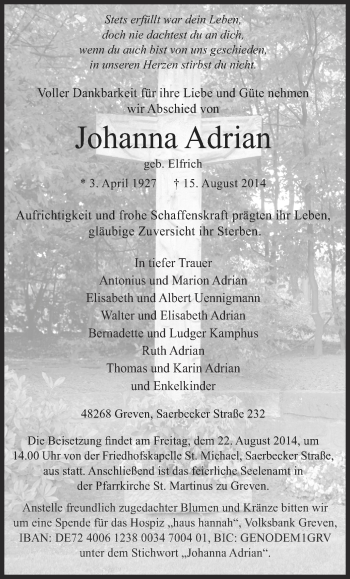 Todesanzeige von Johanna Adrian von Münstersche Zeitung und Grevener Zeitung