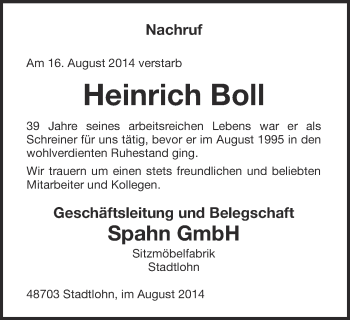 Todesanzeige von Heinrich Boll von Münstersche Zeitung und Münsterland Zeitung