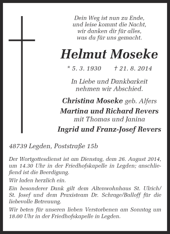 Todesanzeige von Helmut Moseke von Münstersche Zeitung und Münsterland Zeitung