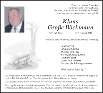 Todesanzeige von Klaus Große Böckmann von Münstersche Zeitung und Münsterland Zeitung