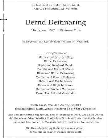 Todesanzeige von Bernd Deitmaring 