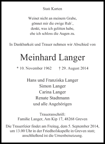 Todesanzeige von Meinhard Langer von Münstersche Zeitung und Grevener Zeitung