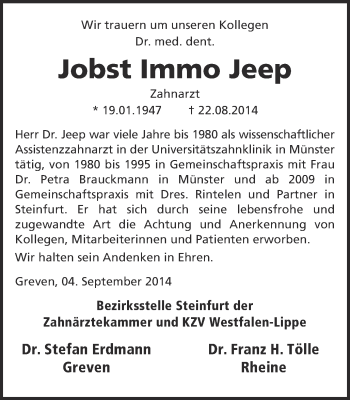 Todesanzeige von Jobst Jeep von Münstersche Zeitung und Grevener Zeitung