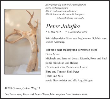 Todesanzeige von Peter Jalufka von Münstersche Zeitung und Grevener Zeitung