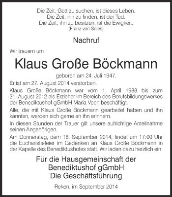 Todesanzeige von Klaus Große Böckmann von Münstersche Zeitung und Münsterland Zeitung