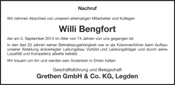 Todesanzeige von Willi Bengfort von Münstersche Zeitung und Münsterland Zeitung