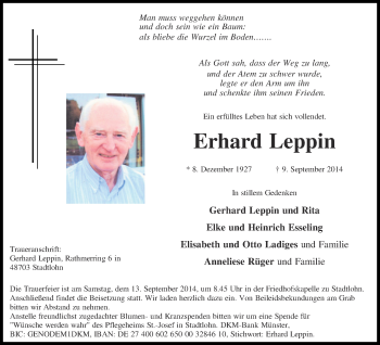 Todesanzeige von Erhard Leppin von Münstersche Zeitung und Münsterland Zeitung
