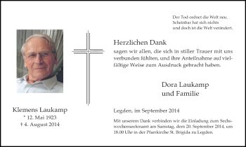 Todesanzeige von Klemens Laukamp von Münstersche Zeitung und Münsterland Zeitung