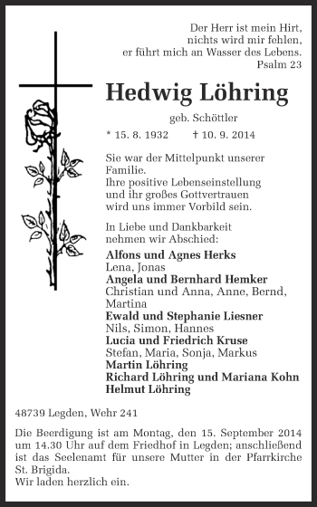 Todesanzeige von Hedwig Löhring von Münstersche Zeitung und Münsterland Zeitung