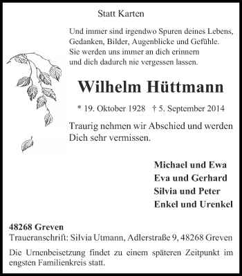 Todesanzeige von Wilhelm Hüttmann von Münstersche Zeitung und Grevener Zeitung