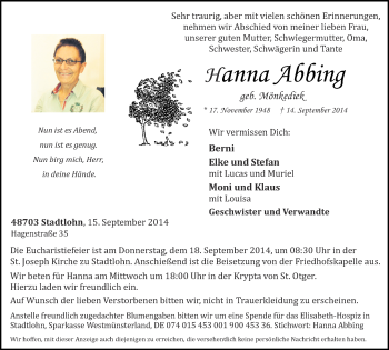 Todesanzeige von Hanna Abbing von Münstersche Zeitung und Münsterland Zeitung