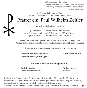Todesanzeige von Paul Wilhelm Zeitler von Münstersche Zeitung und Münsterland Zeitung