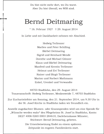 Todesanzeige von Bernd Deitmaring von Münstersche Zeitung und Münsterland Zeitung