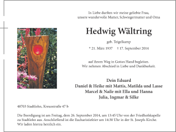 Todesanzeige von Hedwig Wältring von Münstersche Zeitung und Münsterland Zeitung