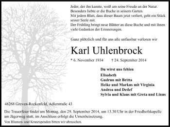 Todesanzeige von Karl Uhlenbrock von Münstersche Zeitung und Grevener Zeitung