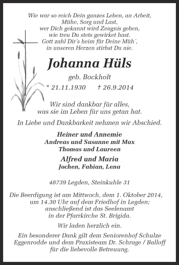 Todesanzeige von Johanna Hüls von Münstersche Zeitung und Münsterland Zeitung