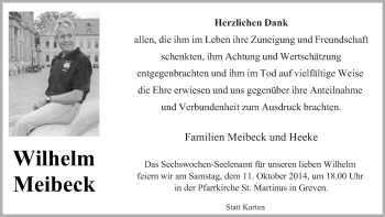 Todesanzeige von Wilhelm Meibeck von Münstersche Zeitung, Emsdettener Volkszeitung, Grevener Zeitung und Münsterland Zeitung