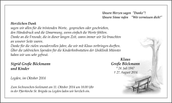 Todesanzeige von Klaus Große Böckmann von Münstersche Zeitung und Münsterland Zeitung