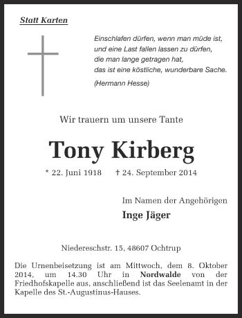 Todesanzeige von Tony Kirberg von Münstersche Zeitung und Grevener Zeitung