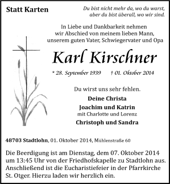 Todesanzeige von Kad Kirschner von Münstersche Zeitung und Münsterland Zeitung