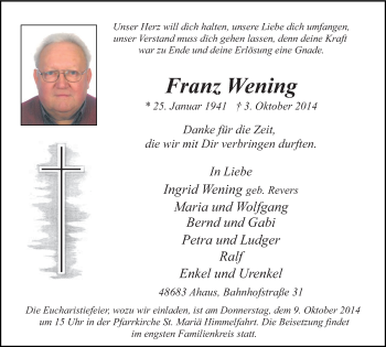 Todesanzeige von Franz Wening von Münstersche Zeitung und Münsterland Zeitung