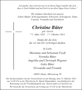 Todesanzeige von Christine Büter von Münstersche Zeitung und Münsterland Zeitung