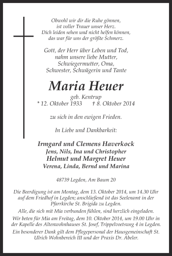 Todesanzeige von Maria Heuer von Münstersche Zeitung und Münsterland Zeitung