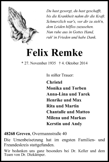 Todesanzeige von Felix Remke von Münstersche Zeitung und Grevener Zeitung