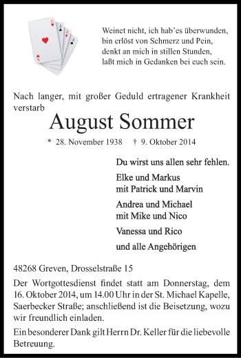 Todesanzeige von August Sommer von Münstersche Zeitung und Grevener Zeitung