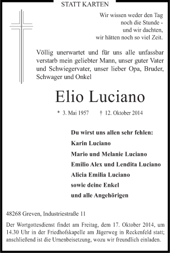 Todesanzeige von Elio Luciano von Münstersche Zeitung und Grevener Zeitung